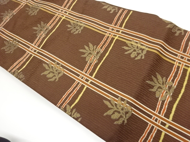 変わり格子に草葉模様織出し名古屋帯